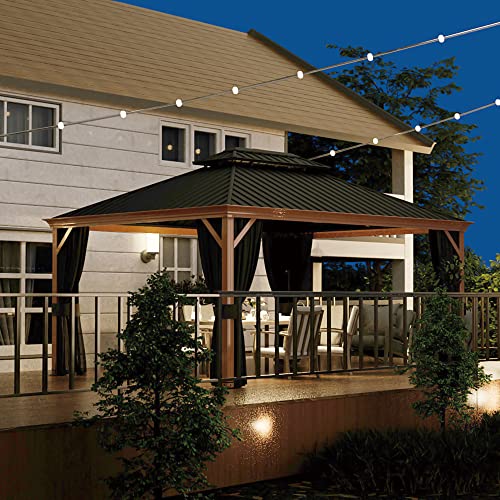 HAPPATIO 10' x 12' Hardtop Gazebo with Netting and Curtains, Double Roof Permanent Patio Metal Gazebo Canopy for Patio, Deck, Backyard （Gray）