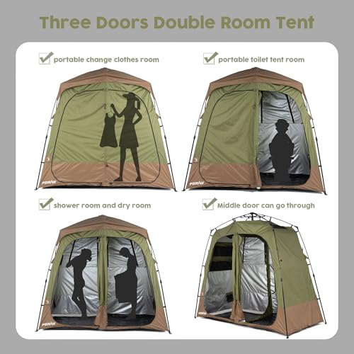 Camping Shower Tent Deluxe Changing Room Easy Set Up Privacy Shelter,Large Toilet Tent 2 Rooms with Floor Drain Design for Beach, Camping