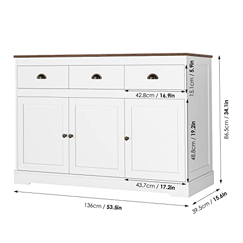 Keyluv White Buffet Cabinet Storage Sideboard Farmhouse Server Bar Wine Cabinet with 3 Drawers & 3 Doors Adjustable Shelves Console Table for Dining