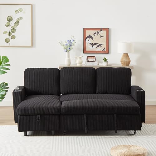 L-Shaped Pull Out Sleep Sofabed,Modern Reversible Sleeper Sectional Sofa Chenille Upholstered Button Tufted Decor with Storage Chaise