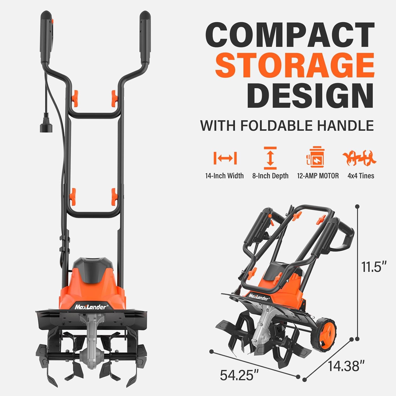 MAXLANDER Electric Tiller Cultivator,14 Inch 12 Amp Corded Tiller for Gardening with Foldable Handle,4 Steel Tines