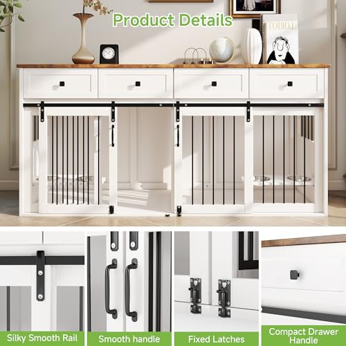 Real Relax 71" Double Dog Crate Furniture, Large Wooden Dog Kennel Furniture with 2 Drawers, Divider and Sliding Door