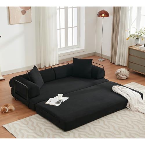 Convertible Sleeper Sofa Bed with Cylindrical Pillow, Corduroy Folding Mattress Couch with Fixed-Shape Frame