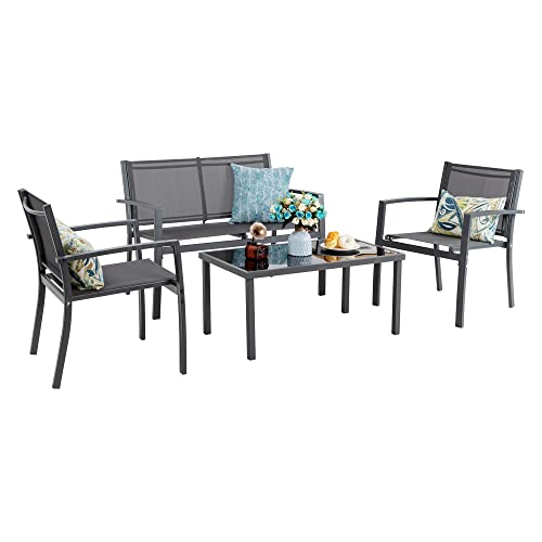 Vongrasig 4 Pieces Patio Furniture Sets,Outdoor Patio Conversation Sets with Glass Coffee Table, Small Porch Balcony Furniture