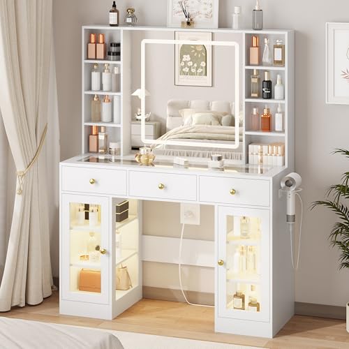 White Vanity Desk with Mirror and Lights, Glass Top Vanity with Lighted Mirror & RGB Glass Cabinet and 3 Drawers