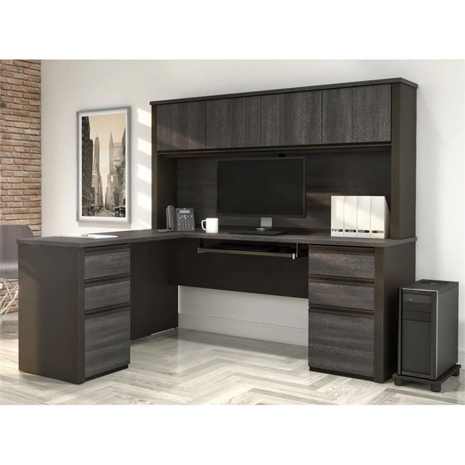 Atlin Designs 6 Piece Wood L Shaped Computer Desk with Hutch in Bark Gray