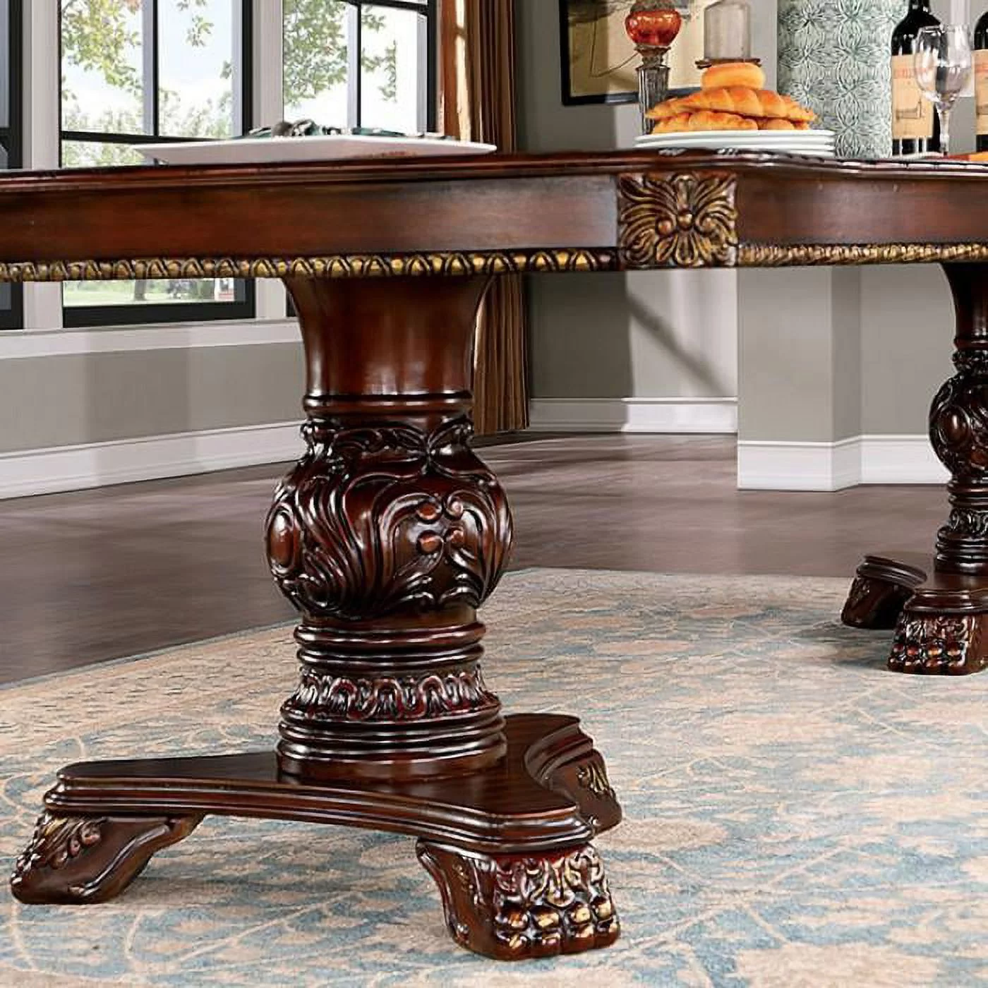 Brown Cherry Expandable Double Pedestal Dining Table FOA CM3145T Normandy