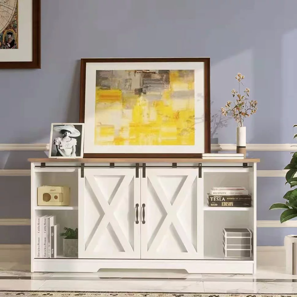 59'' Modern Farmhouse TV Stand for 65 inch TV, Sliding Barn Door Television Stands, Entertainment Center TV Media Console for Living Room, White