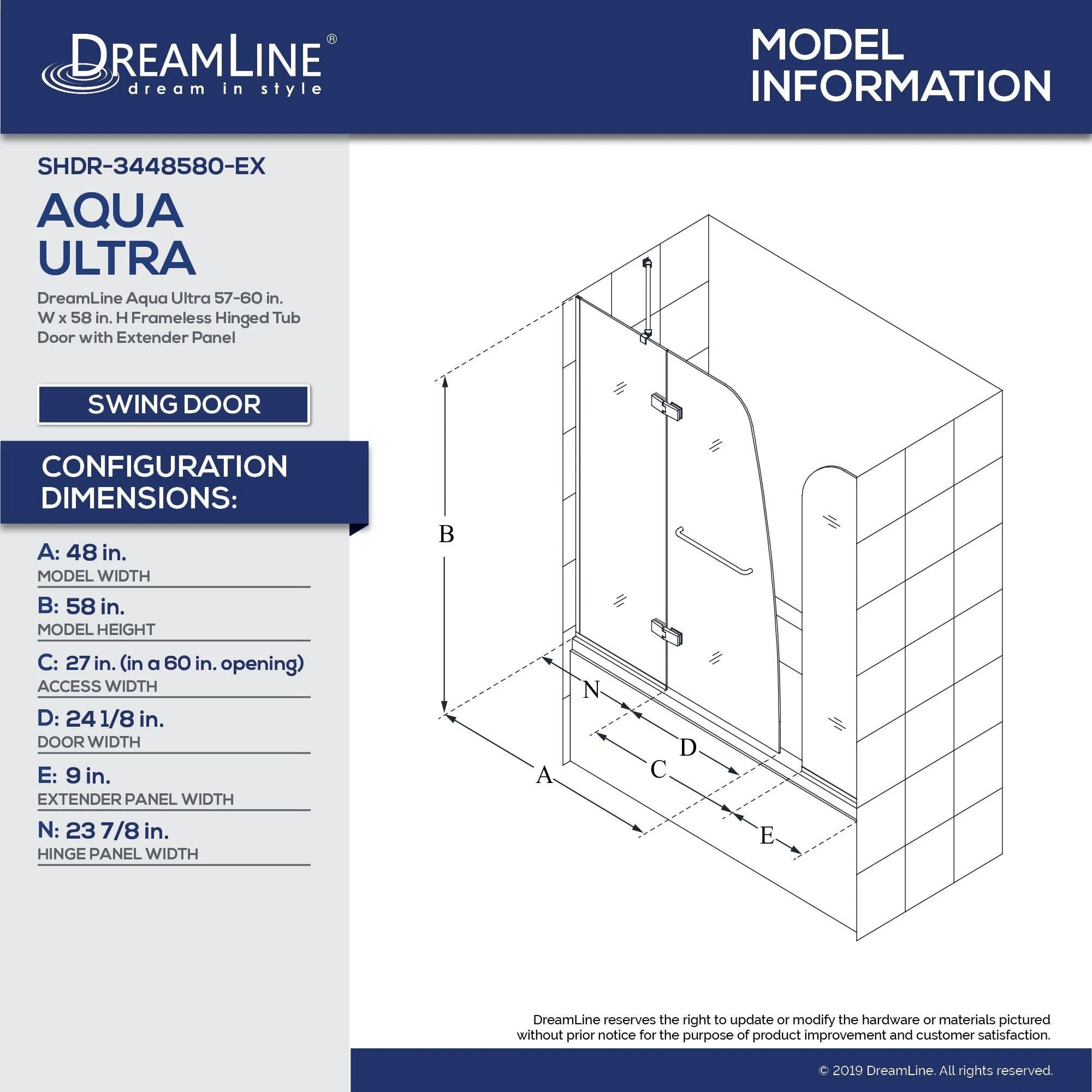DreamLine SHDR3448580EX09 Aqua Ultra 57-60x22W x 58x22H Frameless Hinged Tub Door with Extender Panel in Satin Black