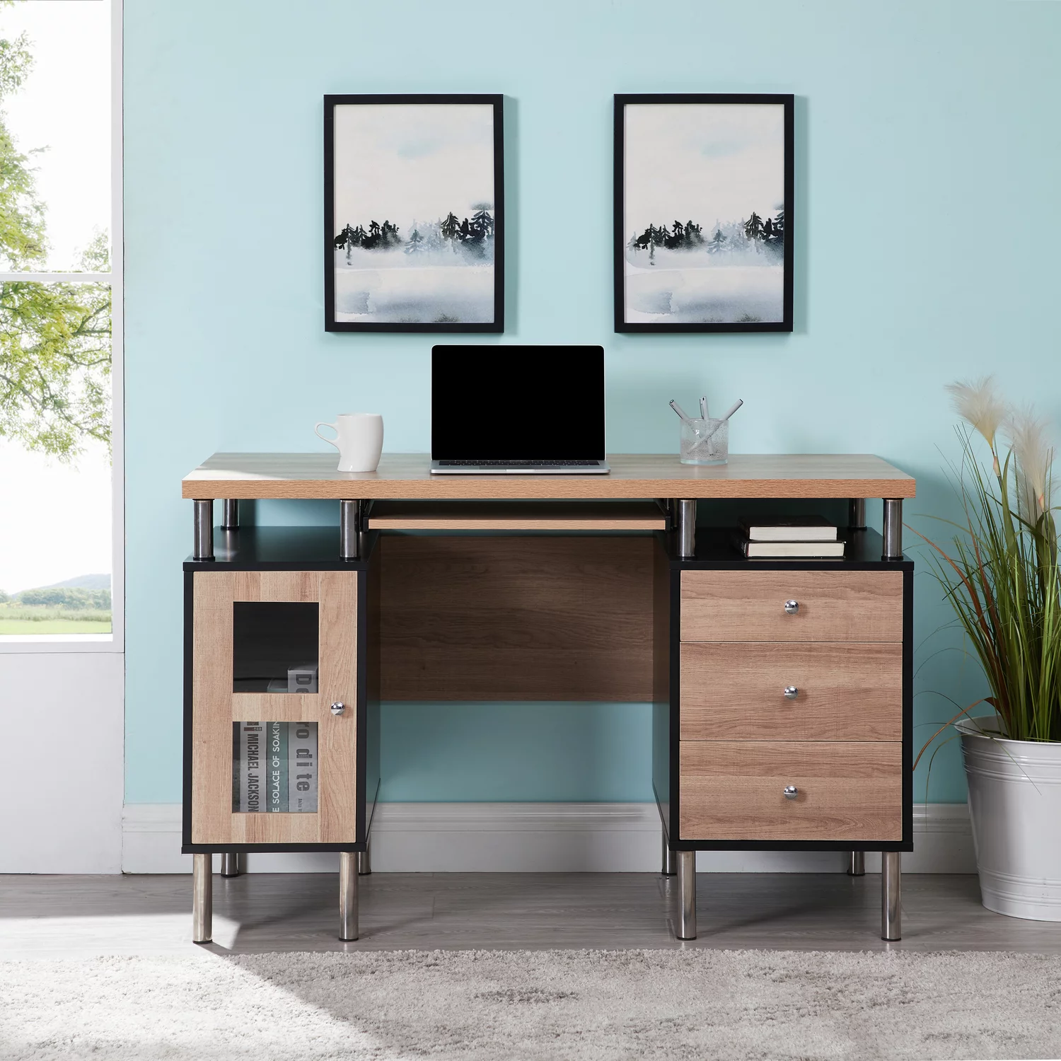 Home Imports Emporium Elsy 4-Drawer Two-Tone Small Desk with Storage, Power Outlets, USB Ports Charging Station, Wooden Computer Table Desk Black/