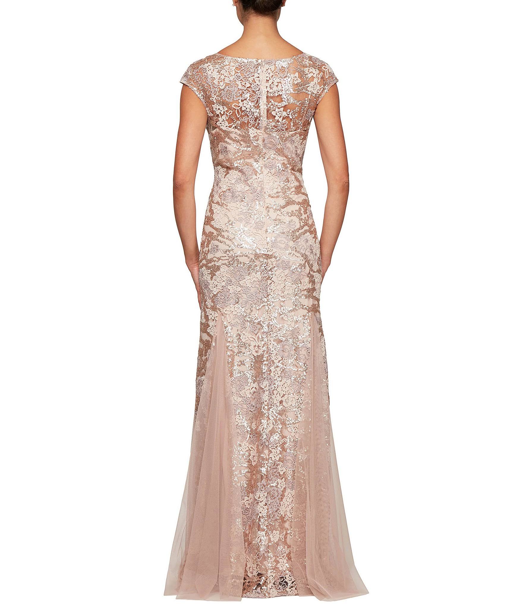 Alex Evenings Illusion V-Neck Capelet Cap Sleeve Embroidered Lace Godet Gown - 14