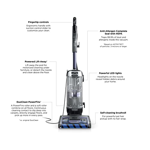 Shark Upright Vacuum, Stratos with DuoClean PowerFins, HairPro, Powered Lift-Away, Self-Cleaning Brushroll, & Odor Neutralizer Technology, Navy