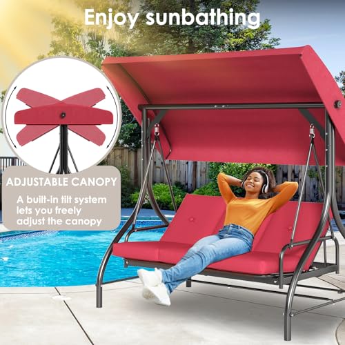 TLSUNNY 3-Seat Outdoor Patio Porch Swing with Adjustable Canopy & Backrest, Convertible Glider Bed with Stand, Removable Seat Cushion