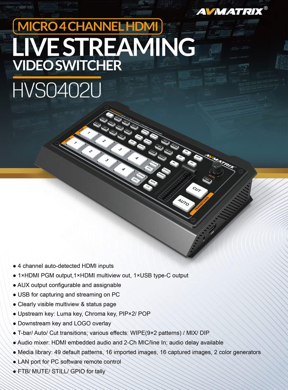 AVMATRIX HVS0402U 4 HDMI Multi Inputs Format Video Mixer Switcher USB Output Real Time Live Streaming