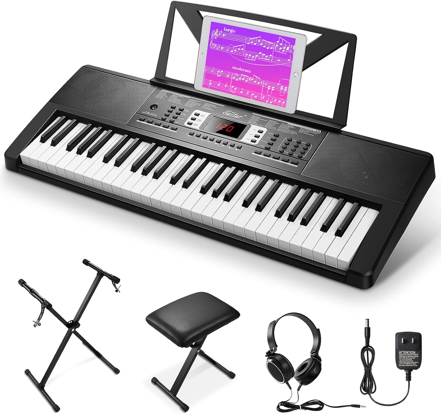 Eastar Keyboard Piano, 54 Key Piano Keyboard, Excellent Sound, Powerful Functions, Durable Keys, Electronic Keyboard with Piano Stand, Bench