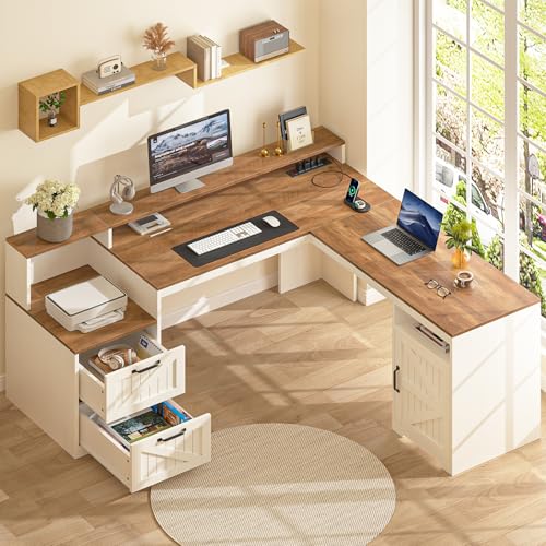 63" Farmhouse L Shaped Executive Desk with Drawers & Storage Shelf, Corner Computer Desk with Power Outlets, L Shaped Office Desk with Monitor Stand