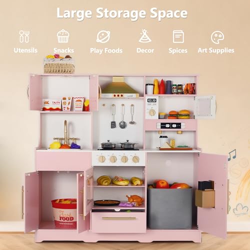 Kinder King Wooden Kids Play Kitchen, Toy Kitchen Playset for Toddler, Play Kitchen Set w/Real Sounds, Pretend Coffee Machine, Kitchen Hood, Sink