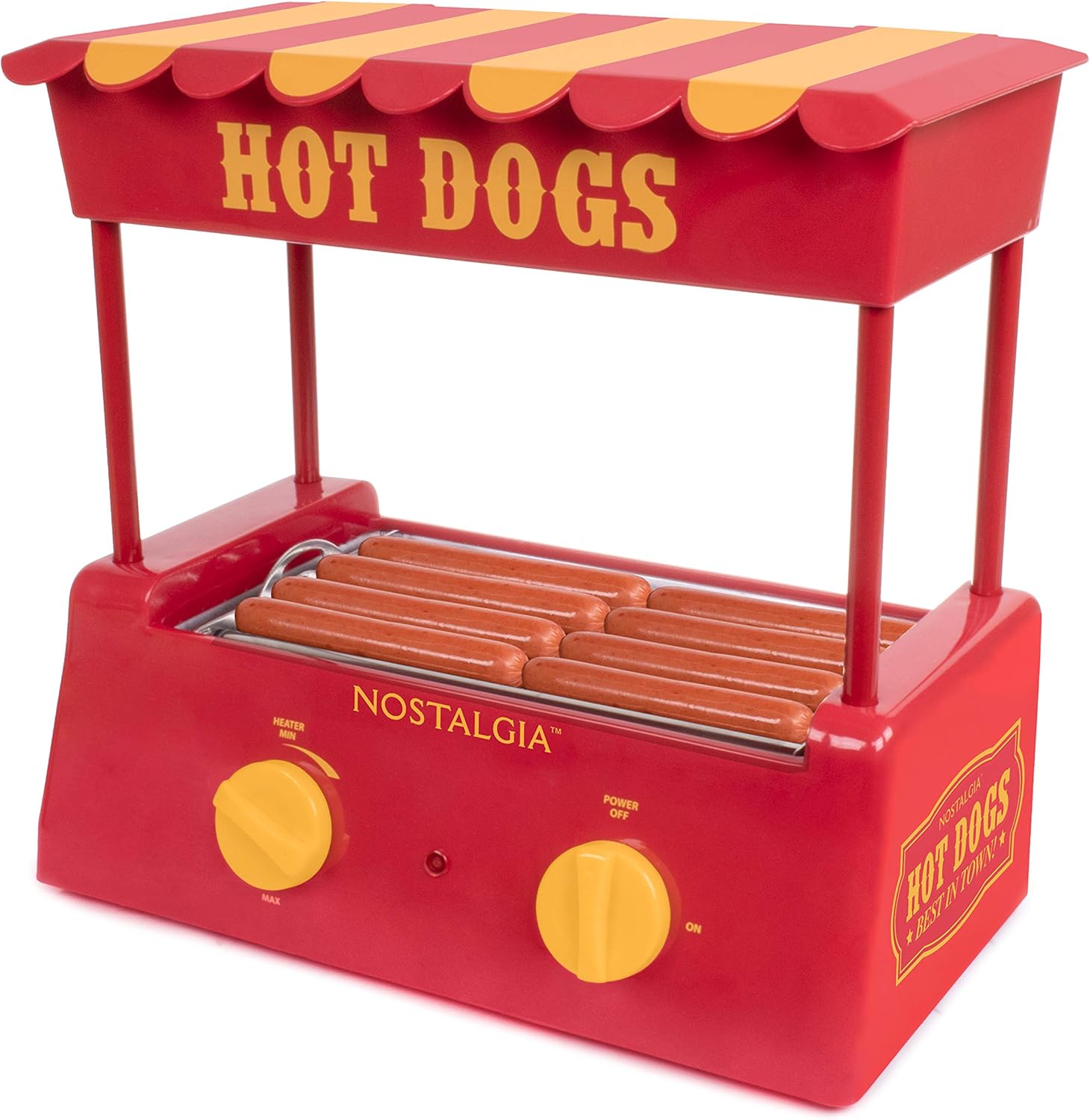 Nostalgia HDR8RY Countertop Hot Dog Warmer 8 Regular Sized, 4 Foot Long and 6 Bun Capacity, Stainless Steel Rollers, Perfect For Breakfast Sausages