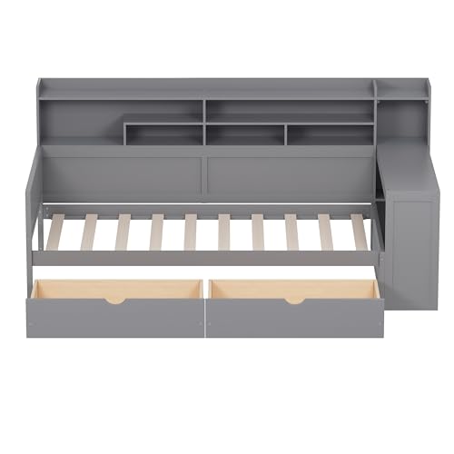 Corner Twin Bed Frame with Bookcase Storage and Desk, Wood Day Beds with 2 Drawers, Twin Size Daybed with Storage for Living Room