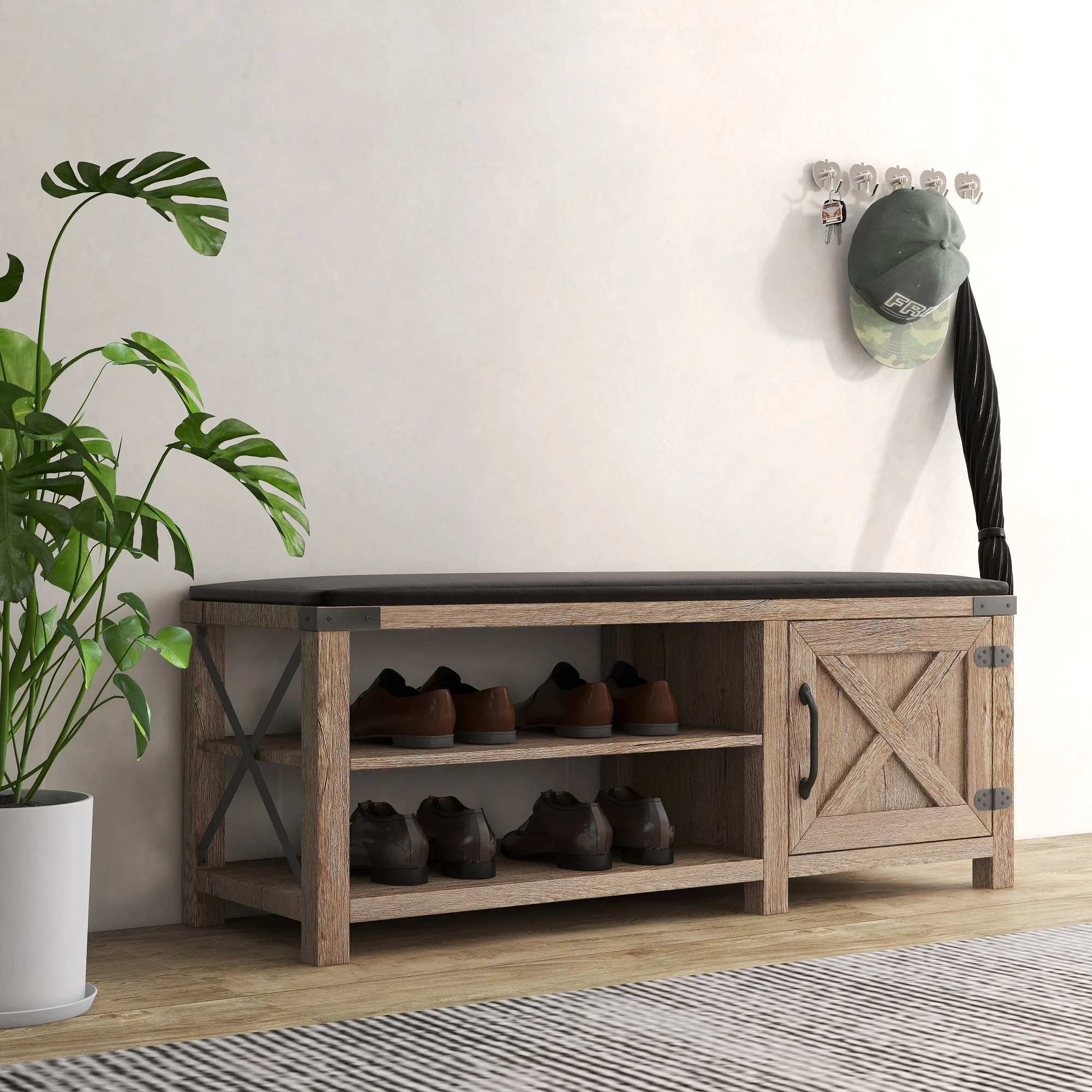 Shoe Bench Entryway with Storage, Shoe Rack Bench with Cushion Seat, Farmhouse 2-Tier Shoe Storage Bench for Entryway Bedroom, Hallway