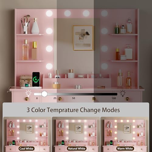 Vanity Desk with Mirror and Lights, Makeup Vanity with Charging Station & Vanity Stool