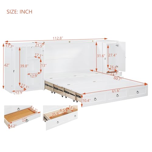 Queen Size Murphy Bed Wall Bed, Solid Pine Murphy Bed Chest Cube Cabinet Bed with USB, Charging Station