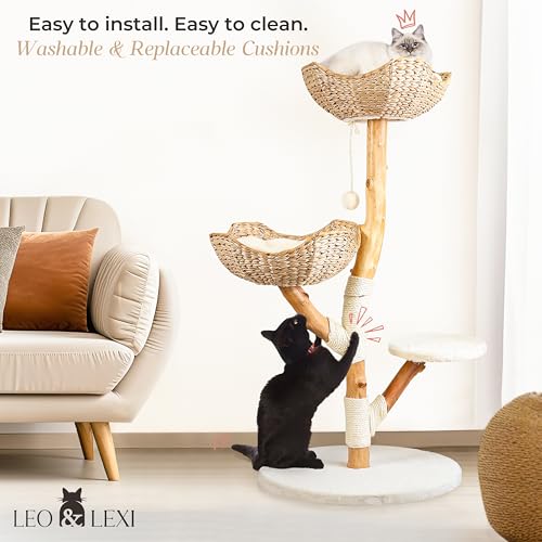 Real Wood Modern Cat Tree Tower, Cat Scratching Post with Bed for Indoor Cats Large Adult, Solid Wooden Climbing Tower, Cute Wicker Condo