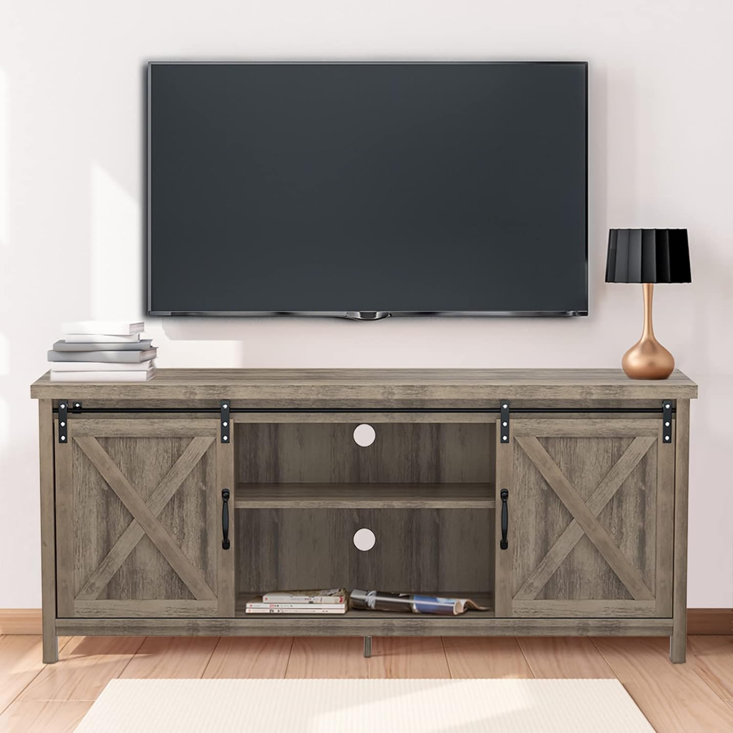 GAZHOME Farmhouse TV Stand with Sliding Barn Doors,Modern Media Entertainment Center Console Table for TVs up to 75”,2-Tier Large Storage Cabinets