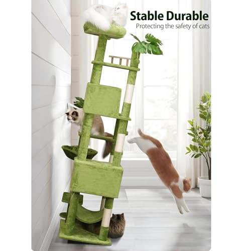 77in Cat Tree with Leaves for Indoor Cats Large Adult,Tall Cat Tower with Scratching Post, Large Cat Tree with Two Cat Condos, Soft Hammocks
