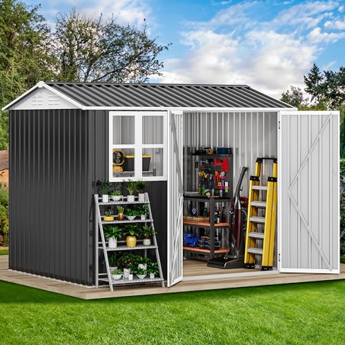DWVO 8x6ft Large Tool Storage Shed with Window, Lockable Doors, and Sloped Roof, Oversized Steel Outdoor Storage Shed for Garden, Patio, Garage