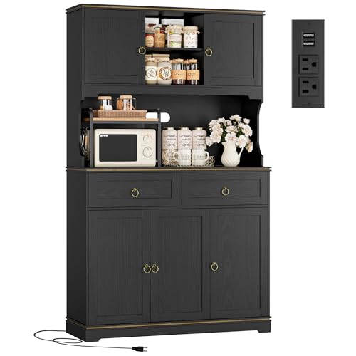HOSTACK Large Kitchen Pantry Cabinet with Charging Station, 71" Kitchen Hutch Cabinet with Storage Drawers and Countertop