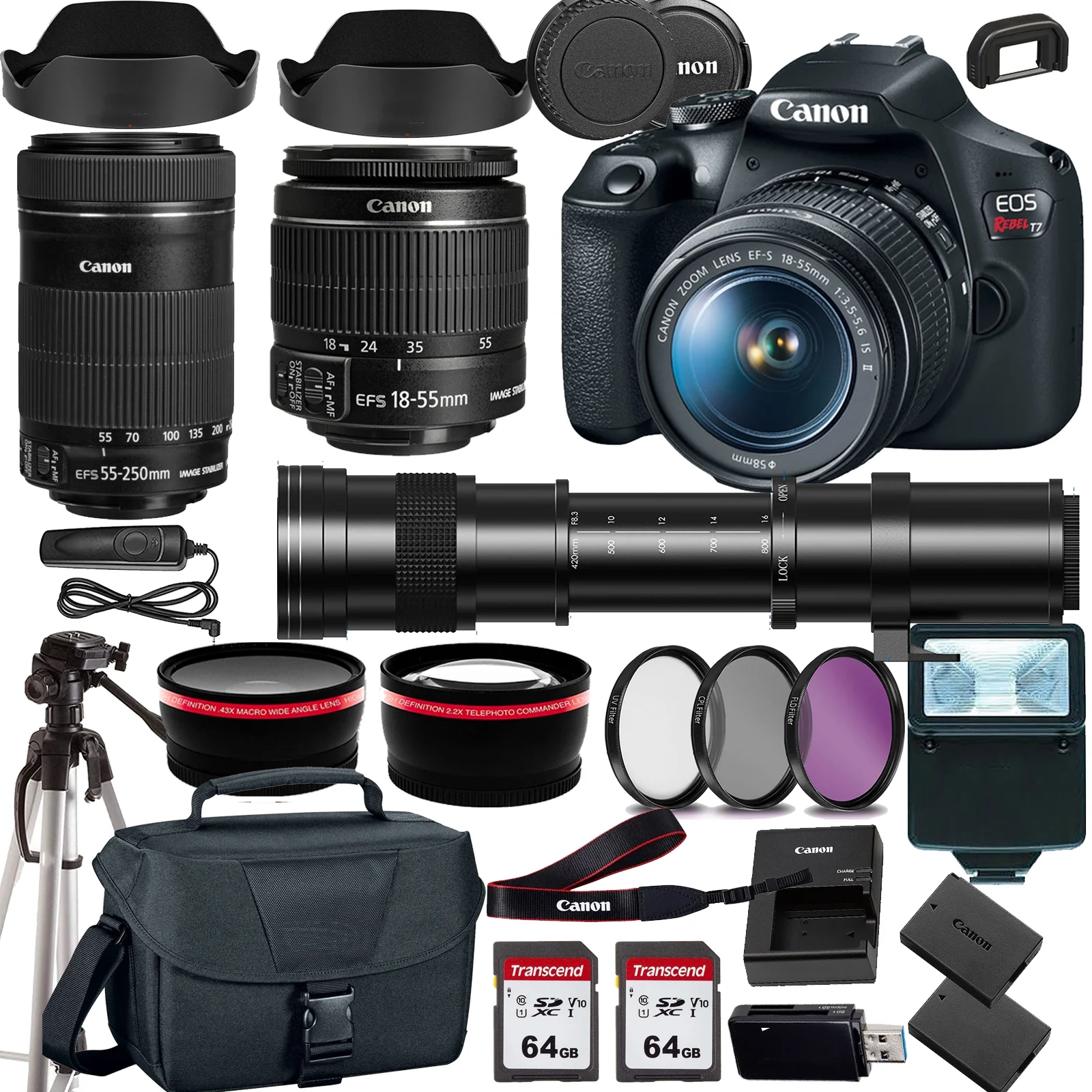 Canon EOS Rebel T7 DSLR Camera with 18-55mm+Canon EF-S 55-250mm f/4-5.6 IS STM+420-800mm HD Telephoto Zoom lens+case+128Memory Cards (24PC)