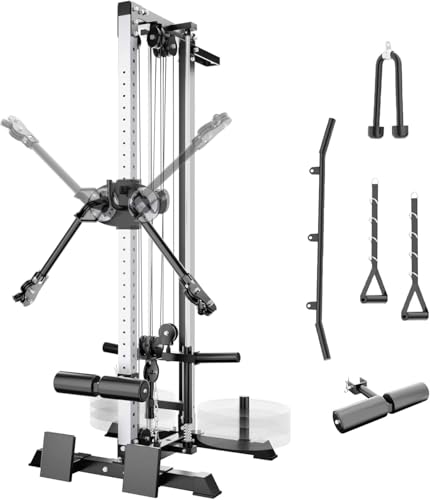 Eonfit Cable Machine for Home Gym, LAT Pulldown Cable Crossover Machine Workout Station Pulley System Tower with Leg Holder, LAT Bar