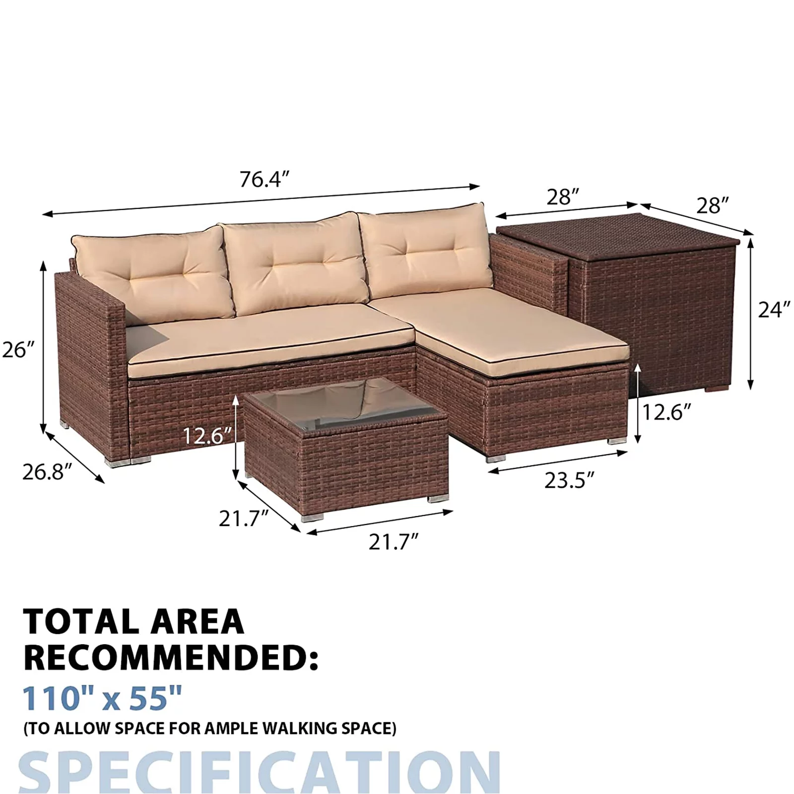 Patio Furniture Set, Outdoor Small Sectional Sofa Set with Storage Box, Patio PE Rattan Conversation Set