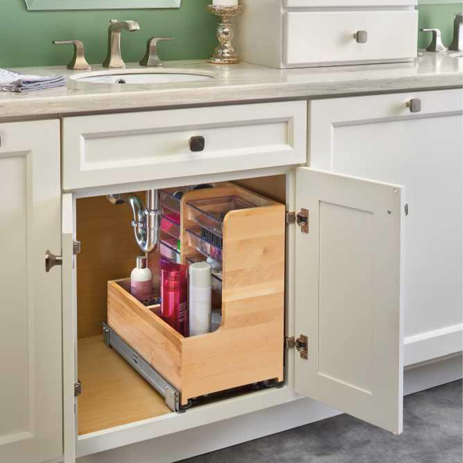 Rev-A-Shelf 441-15VSBSC-1 30 Inch Floor Mount L Shaped Wood Sink Vanity Cabinet Base Storage Organizer with Soft Close Slides and Bins, Natural Maple
