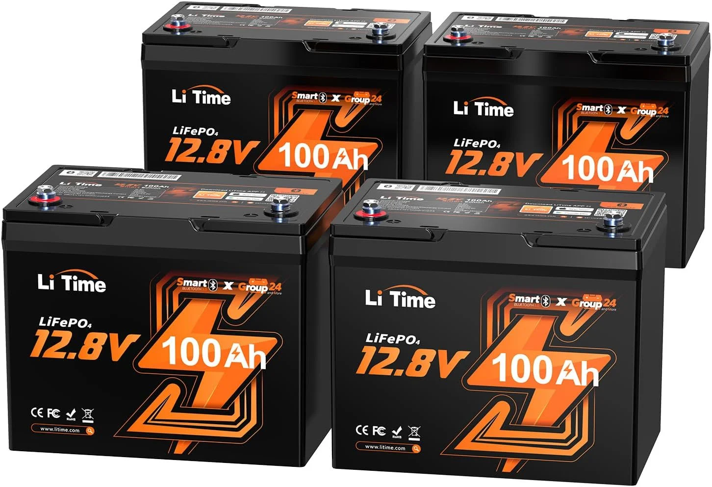LiTime 4 Pack 12V 100Ah RV Lithium Battery, Group 24 Bluetooth LiFePO4 Battery Low-Temp Protection Mini Size Bluetooth 5.0 Perfect for RV