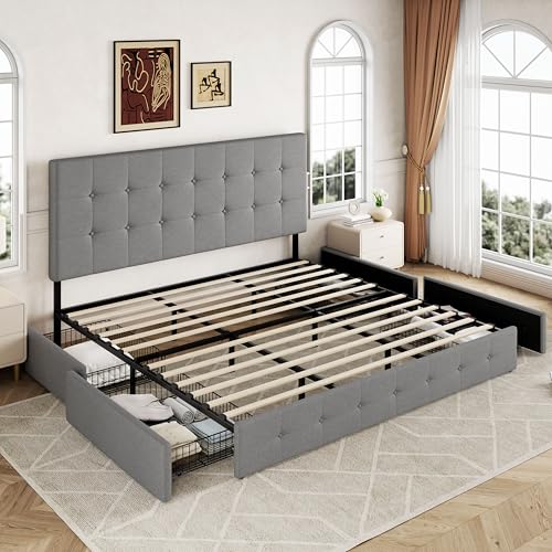 Allewie Upholstered Queen Size Platform Bed Frame with 4 Storage Drawers and Headboard, Square Stitched Button Tufted