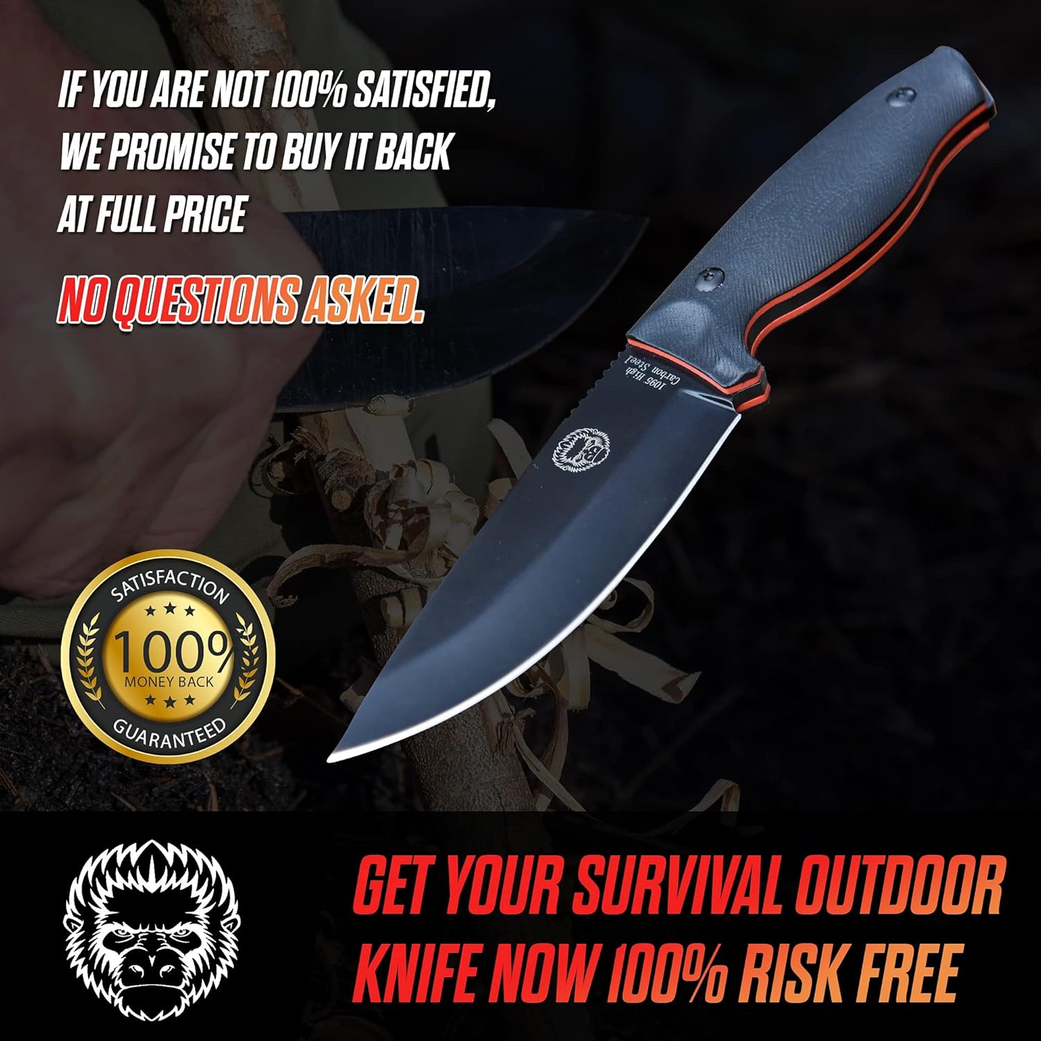 Bushcraft Survival Knife | Full Tang Fixed Blade Outdoor Camping Hunting Knife In Sheath Gift For Him | 1095 High Carbon Steel Knife Fire Starter