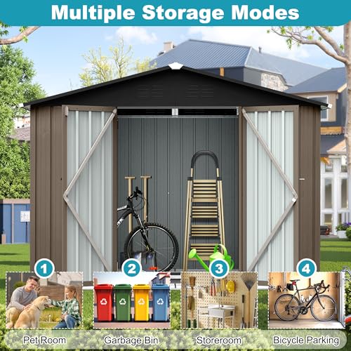 8x6 FT Outdoor Storage Shed, Metal Tool Shed with Lockable Doors, Peaked Roof & Frame Floor