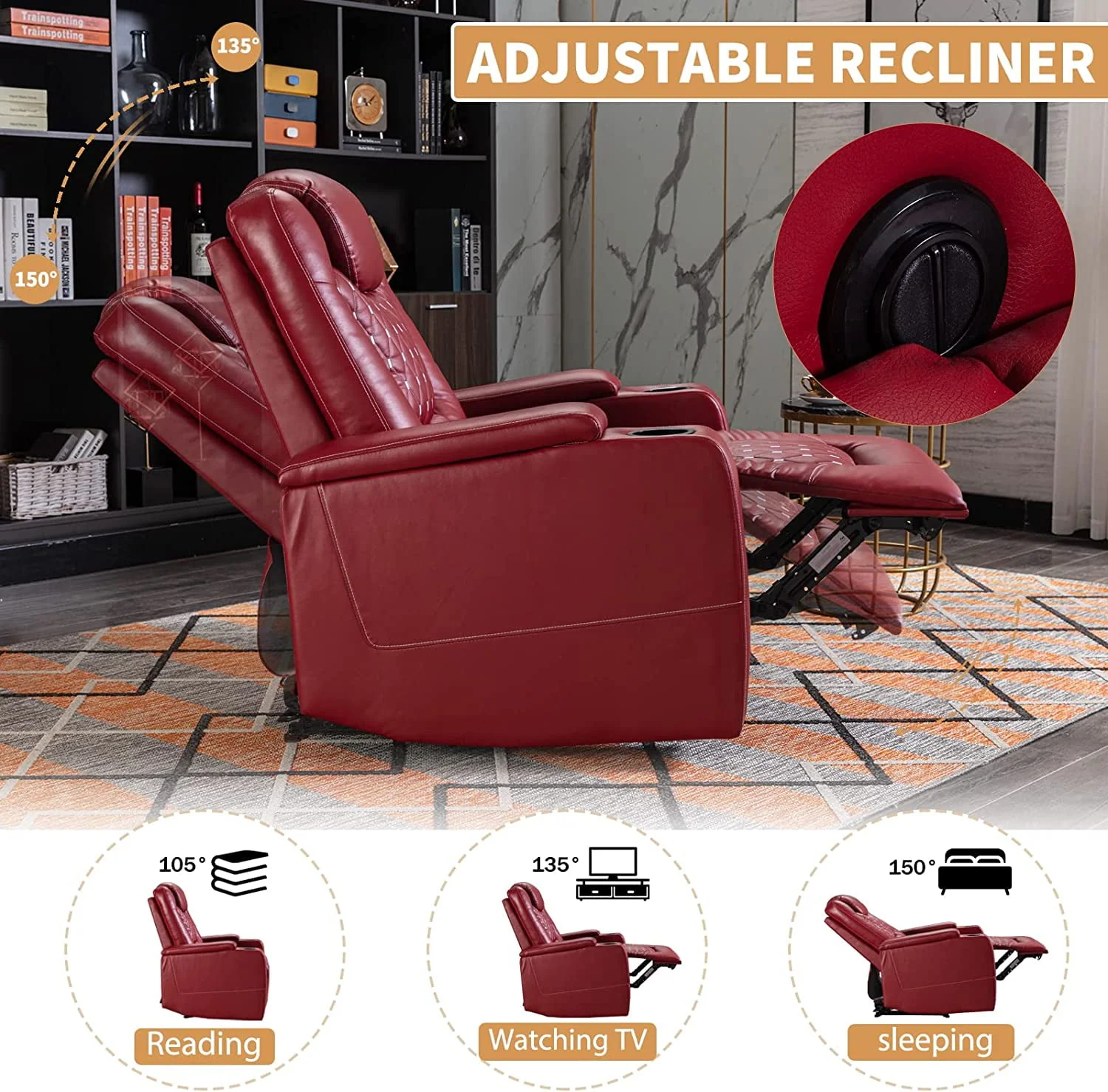 Bonzy Home Overstuffed Electric Home Theater Seating PU Leather Reclining Furniture with with USB Ports and Cup Holders and Hidden Arm Storage - Black