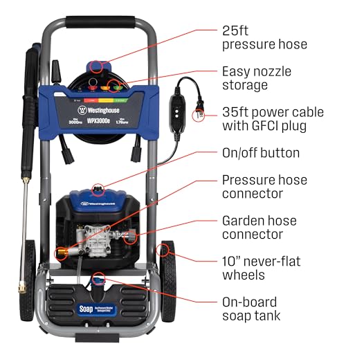 Westinghouse WPX3000e Electric Pressure Washer, 3000 Max PSI and 1.76 Max GPM, Induction Motor, Onboard Soap Tank, Spray Gun and Wand, 5 Nozzle Set