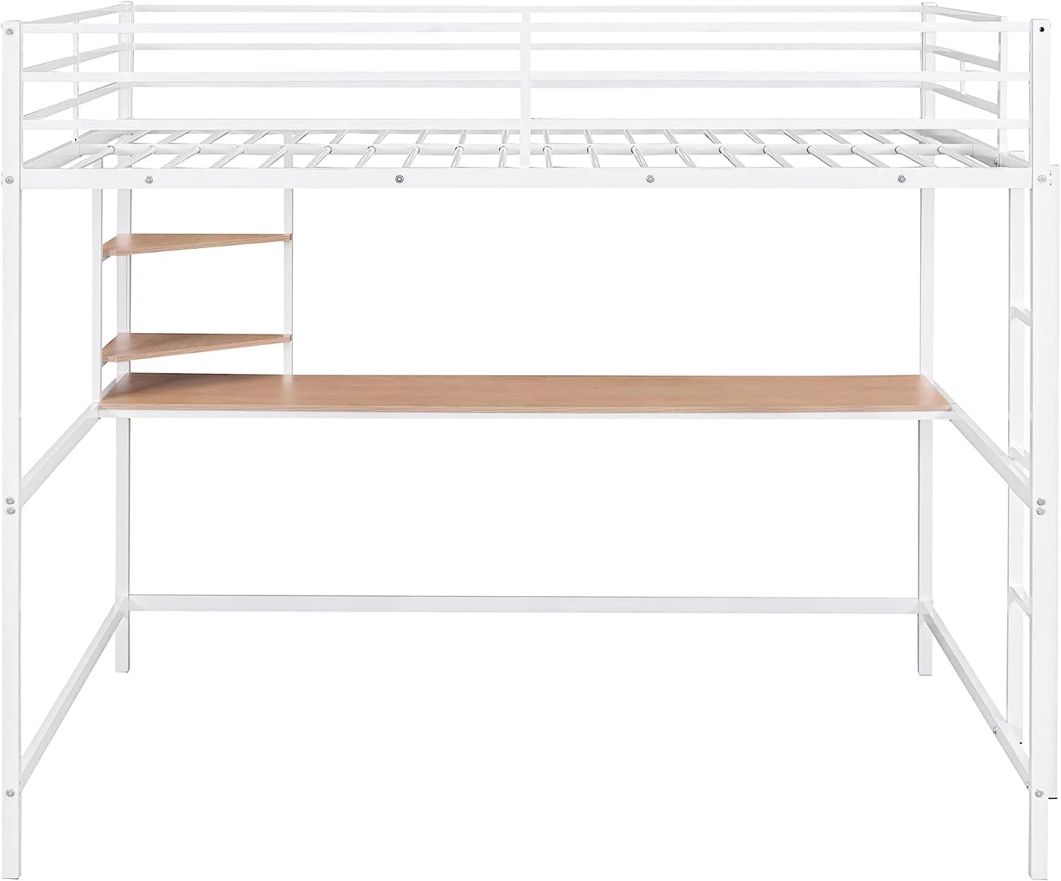 Full Size Metal Loft Bed With Long Desk, Shelves And Full Length Guardrails, Space-Saving Full Loft Bed For Bedroom, White