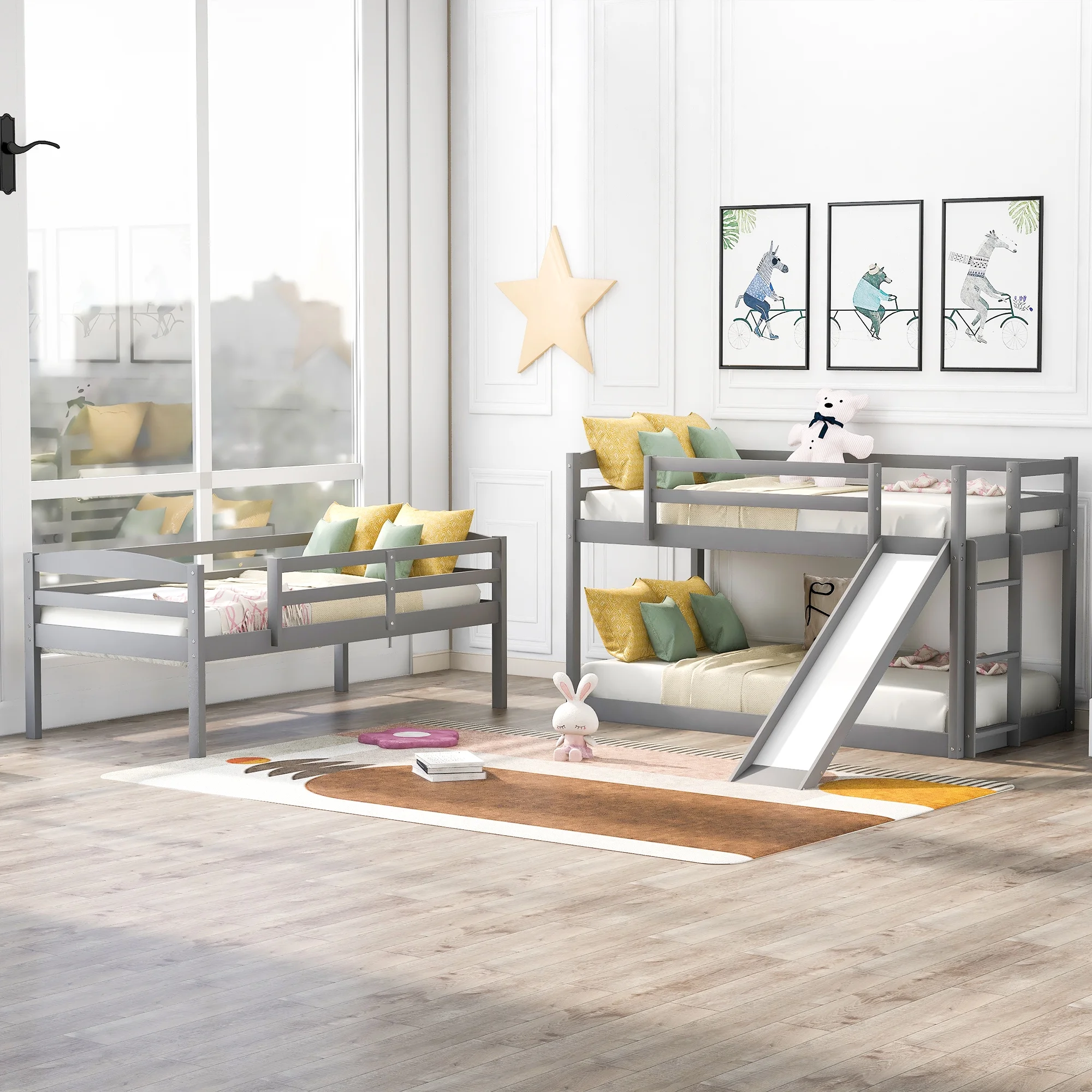 Merax Wood Twin-over-Twin-over-Twin Floor Triple Bunk Bed for Kids Room, Gray