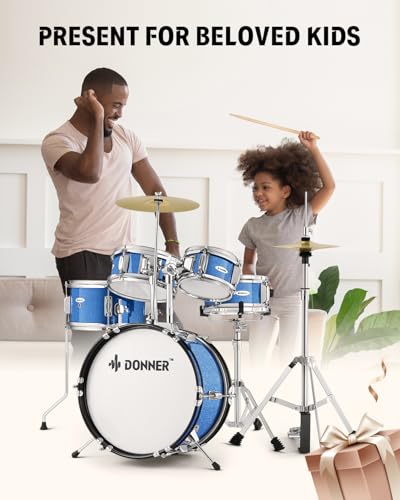 Kid Drum Sets-Donner 5-Piece for Beginners, 14 inch Full Size Complete Junior Drum Kit with Adjustable Throne, Cymbal, Hi-Hat, Pedal & Drumstick