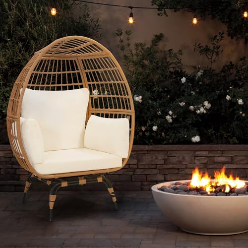 Oversized 360 Swivel Rattan Egg Chair for Adult, Indoor Outdoor Patio Large Wicker Egg Chair with Overstuffed Cushions, 440lb Weight Capacity