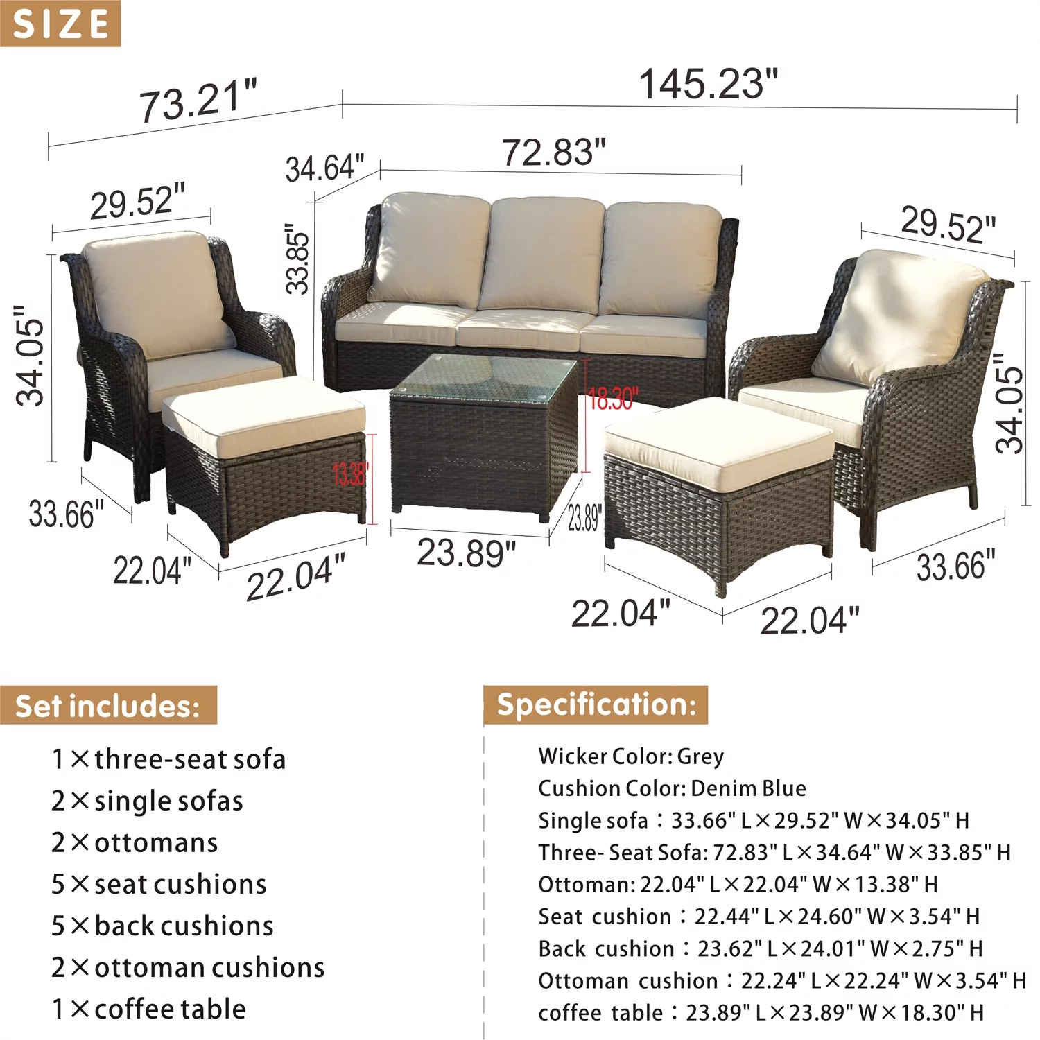 Ovios 6 Pieces Outdoor Patio Furniture Wicker Conversation Set Sectional Couch with Cushions & Glass Table