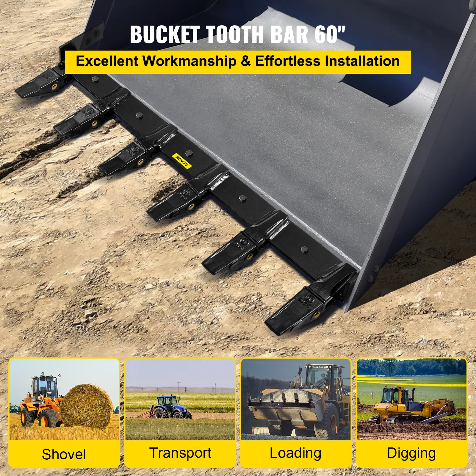 VEVOR Bucket Teeth Bar 60'' Inside Bucket Width Tractor Bucket Teeth 9.84'' Teeth Space Tooth Bar for Loader Bucket 23TF Bolt on Tooth Bucket Enables
