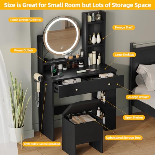 DWVO Vanity Desk with Mirror and Lights, Makeup Vanity Table Set with Power Outlets and Chair, 3 Lighting Colors