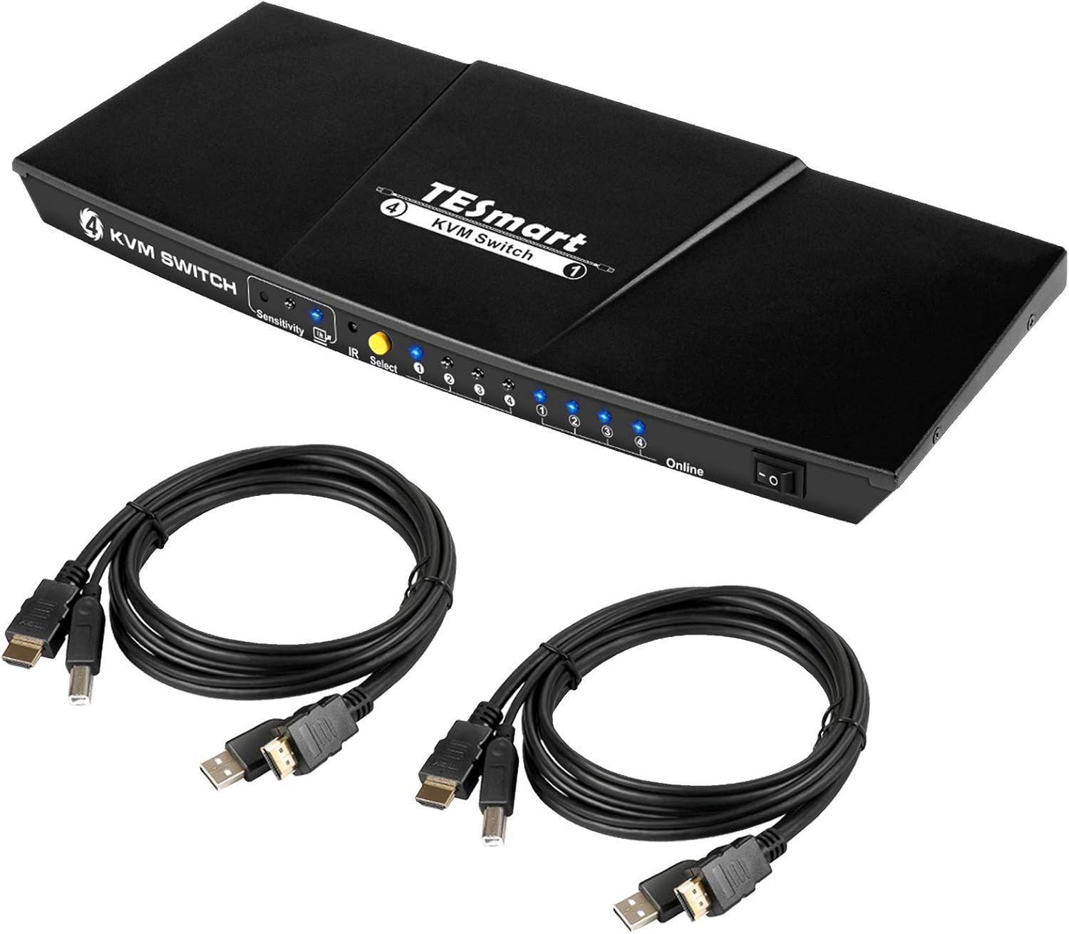 TESmart 4K 4x1 KVM Switch HDMI 4 Ports 3840 x 2160 @ 30Hz with 2 Pcs 5ft KVM Cables Supports USB 2.0 Device Control up to 4 Pcs/Servers/DVR (Black)