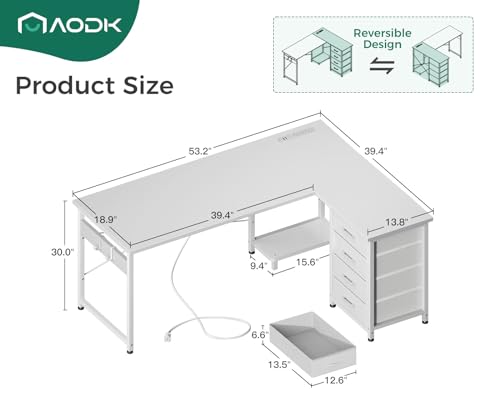AODK L Shaped Gaming Desk with 4 Drawers, 61" Reversible Home Office Desks with Power Outlets